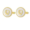 Golden round cufflinks with letter Q, white mother of pearl inlay and twisted rope border - Letter Q Style (P1119-Q)