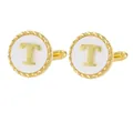 Classic gold plated letter T cufflinks with round white inlay and rope border design - Letter T Style (P1119-T)