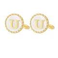 Polished gold round cufflinks with letter U on white panel and rope texture - Letter U Style (P1119-U)