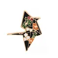 Japanese origami crane enamel brooch with black floral pattern and golden metal edge - Black Floral Pattern (C1384)