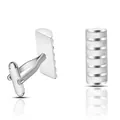 Mens polished silver cufflinks with segmented white marble patterns and bullet back - Silver With White