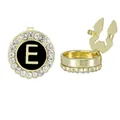 Gold cufflink with letter E, black enamel center and white zircon circle inlay - Style Letter E (B1617-E)