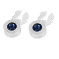 Silver round cufflinks with blue faceted gemstone and textured grid metal details - Silver Base / Blue Stone