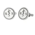 Boutons de manchette en argent poli avec bâton d'Esculape et gravure des lettres R et S - Style Bâton d'Asclépios (GB0004-3)