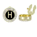 Men's gold-plated cufflink with black letter H and sparkling crystals around the rim - Style Letter H (B1617-H)