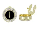 Gold-plated round letter I cufflinks with black enamel and sparkling white rhinestones - Style Letter I (B1617-I)