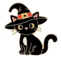 Cute black cat enamel pin with a purple witch hat and golden edges on white background - C3105-1