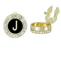 Gold-plated letter J cufflink with black enamel and crystal halo for men's shirts - Style Letter J (B1617-J)