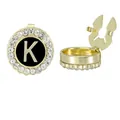Elegant gold letter K button cover with black enamel and sparkling rhinestones - Style Letter K (B1617-K)