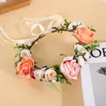 Blumenkranz Braut-Haarschmuck mit rosa Seidenrosen und einstellbarem Satinband - Rosa Champagner Rosenstil (W1213-3)