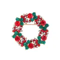 Exquisite Christmas wreath brooch featuring red and green rhinestones in a gold setting - Classic Red Green Wreath Style (C2111)