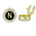 Golden letter N initial cufflinks with black enamel and sparkling crystal frame decoration - Style Letter N (B1617-N)
