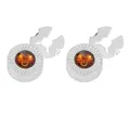 Silver metal button cap with amber cat-eye gem and diamond-textured edge detailing - Silver Base / Amber Stone