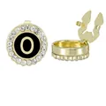 Golden round cufflink cover with black enamel, letter O and sparkling rhinestones - Style Letter O (B1617-O)