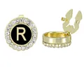 Men's gold plated round cufflink featuring letter R with sparkling crystal border - Style Letter R (B1617-R)