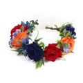 Böhmischer Blumenkranz mit roten orangen dunkelblauen Rosen und weißen Bändern - Rot Orange Blau Blumenmix (W1235)
