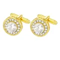 Gemelos redondos dorados con circonita grande transparente y engaste estilo halo - Estilo Redondo Diamante Blanco Oro (P1121-1)