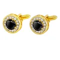 Classic round gold cufflinks for men with black center stone and white halo stones - Gold Black Stone Round Style (P1121-3)