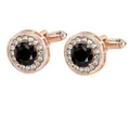 Men's round rose gold cufflinks with center black gemstone and sparkling crystal halo - Rose Gold Black Stone Round Style (P1121-4)
