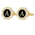 Gemelos octogonales dorados con esmalte negro, letra A y borde engastado con diamantes - Letra A (P1124-A)