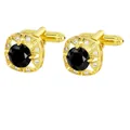 Elegant gold square cufflinks with a black round center stone and white zircon accents - Gold Black Stone Square Style (P1122-2)