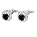 Men's silver cufflinks with round black center stone and geometric zircon frame - Silver Black Stone Square Style (P1122-4)