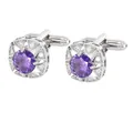 Silver cufflinks with round purple gemstone and white zircon halo for men shirt - Silver Purple Stone Square Style (P1122-5)