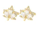 Luxury gold maple leaf cufflinks for men featuring sparkling crystals and stones - One Pair / Gold White (P1126-1)