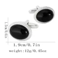 Boutons de manchette argentés avec incrustation noire et bordure vintage pour hommes - Style Ovale (B1627) / Noir & Argent