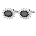 Boutons de manchette luxe pour hommes avec cristal noir ovale et bordure de cristaux blancs - Noir Argent