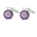 Gemelos plateados para hombre con cristal morado redondo en un engaste de corona clásico - Piedra Púrpura Base Plateada (P1128-5)