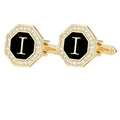 Gemelos octogonales dorados con esmalte negro y diseño de letra I con diamantes - Letra I (P1124-I)