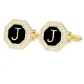 Elegantes gemelos octogonales dorados con esmalte negro y letra J decorada con cristales - Letra J (P1124-J)