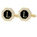 Gemelos octogonales dorados con esmalte negro, letra L y borde de cristales brillantes - Letra L (P1124-L)