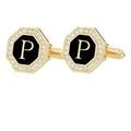 Gemelos octogonales dorados con esmalte negro y letra P decorada con cristales finos - Letra P (P1124-P)