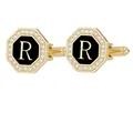 Gemelos de hombre dorados octagonales con esmalte negro y detalle de cristal letra R - Letra R (P1124-R)