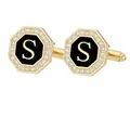 Gemelos octogonales dorados con esmalte negro y letra S adornada con circonitas - Letra S (P1124-S)