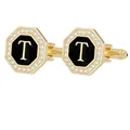 Gemelos octogonales dorados con esmalte negro y letra T con diamantes para trajes de hombre - Letra T (P1124-T)