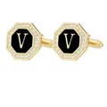 Gemelos dorados octogonales con esmalte negro e incrustación de letra V de diamante - Letra V (P1124-V)