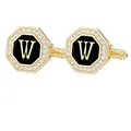Gemelos octogonales dorados con letra W y esmalte negro, adornados con cristales brillantes - Letra W (P1124-W)
