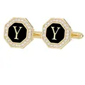 Elegantes gemelos octogonales dorados con esmalte negro y letra Y con pequeños diamantes - Letra Y (P1124-Y)