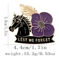 Detailed view of Lest We Forget purple poppy badge with war horse and size specs - Lest We Forget