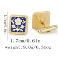Men's square gold cufflinks with blue enamel floral patterns and T-bar closures - Gold Blue Floral (P1136)