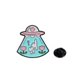 Spilla smaltata UFO gatto rosa con gattino bianco e dettagli di fiori di tulipano - Stile Gatto UFO Cartone Animato (C3341)