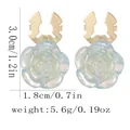 Elegant gold rose stud earrings with iridescent translucent resin petals and dimensions - Iridescent Blue Rose Style (B1651-1)