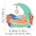 Vintage enamel crescent moon brooch with pavilion and pearl, Dunhuang style jewelry - Crescent Building Style (C3338-1)
