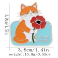 Enamel orange cat poppy flower brooch with Lest We Forget engraving and dimensions - Orange Cat Holding Flower Style (C3368-1)