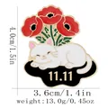 Cartoon white cat and red poppy enamel pin with golden 11.11 commemorative badge engraving - White Cat Lying 11.11 Style (C3368-2)