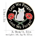 Lest We Forget poppy enamel pin with white cat and red flowers, 3.9cm round badge - Round White Cat Style (C3368-3)