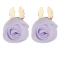 Elegant purple fabric rose flower earrings with gold metal accents on white background - Light Purple
